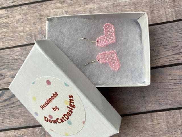Pink beaded heart earrings in a gift box by DewCatDesigns