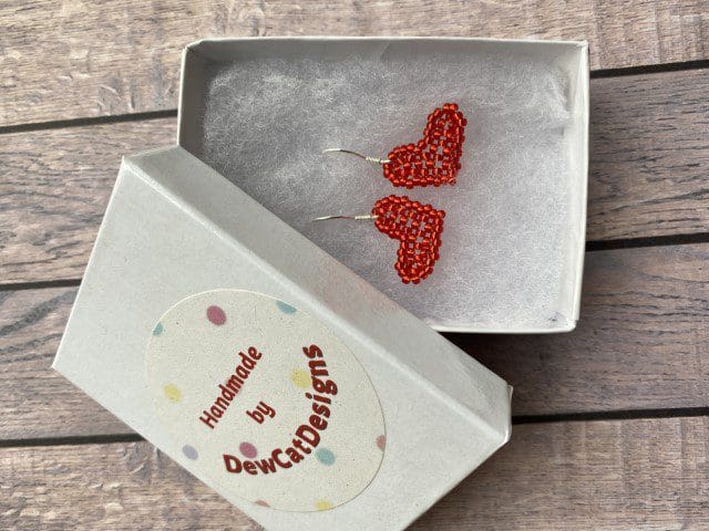 Red Beaded Heart Earrings in gift box by DewCatDesigns