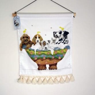 Wall hanging featuring a selection of dogs in a dog bath. Ideal for a bathroom, bedroom or a child's nursery or playroom