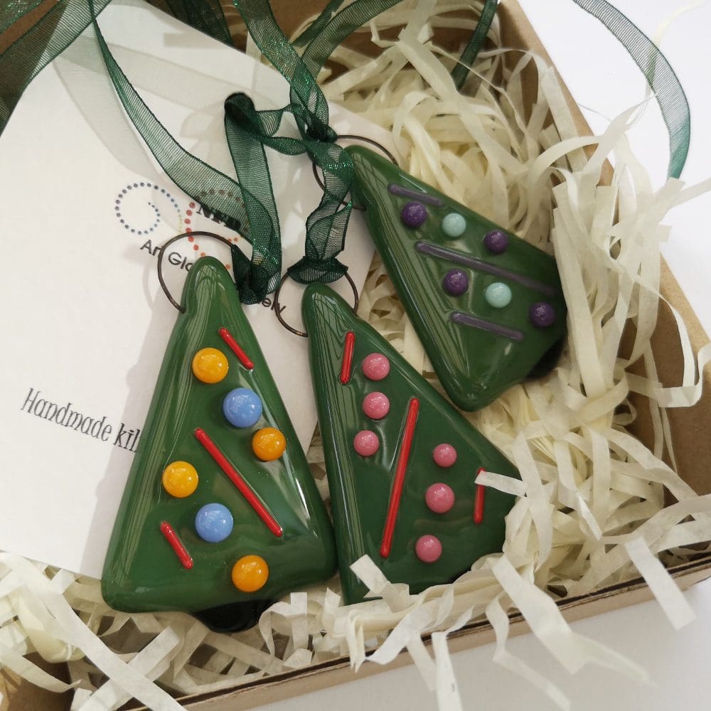 Set of Fused Glass Christmas Tree Decorations