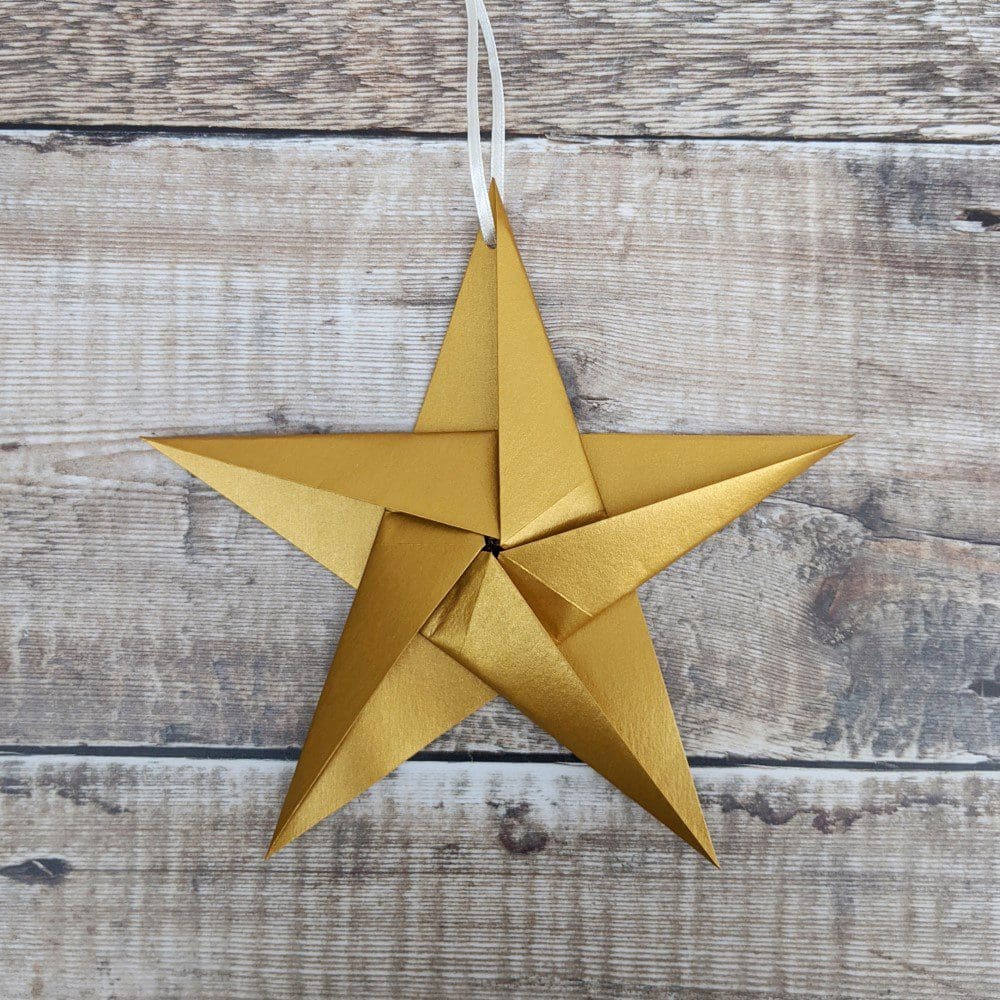 Gold metallic origami paper big star decoration with ribbon loop for hanging