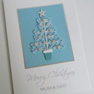 Quilled personalised Christmas card with white and silver tree