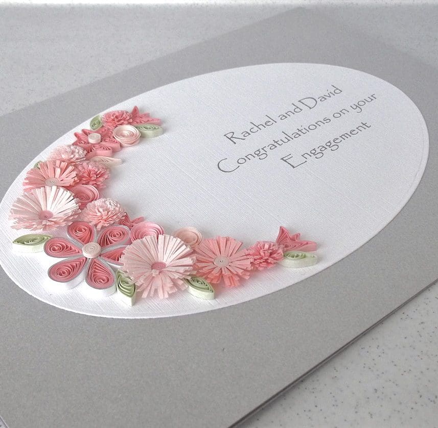 Engagement card, pink quilled flowers, handmade, personalised