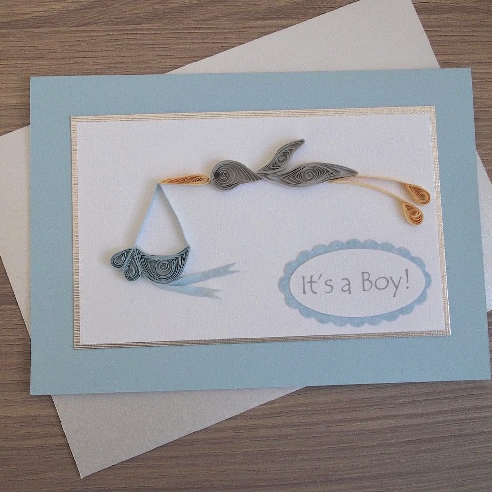 Quilled stork new baby boy congratulations card