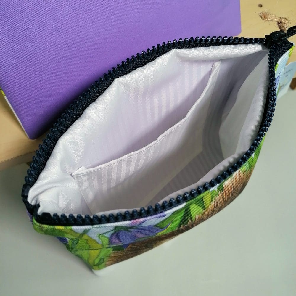 Internal view of Hedgehog & Harebells toiletries bag. Water resistant lining, internal pocket and chunky zipper fastening. Washbag, pencil case, overnight toiletries bag, make-up purse, cosmetic bag