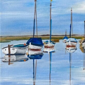 A captivating acrylic painting of boats docked in the water.