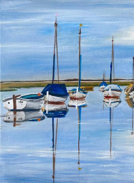 A captivating acrylic painting of boats docked in the water.
