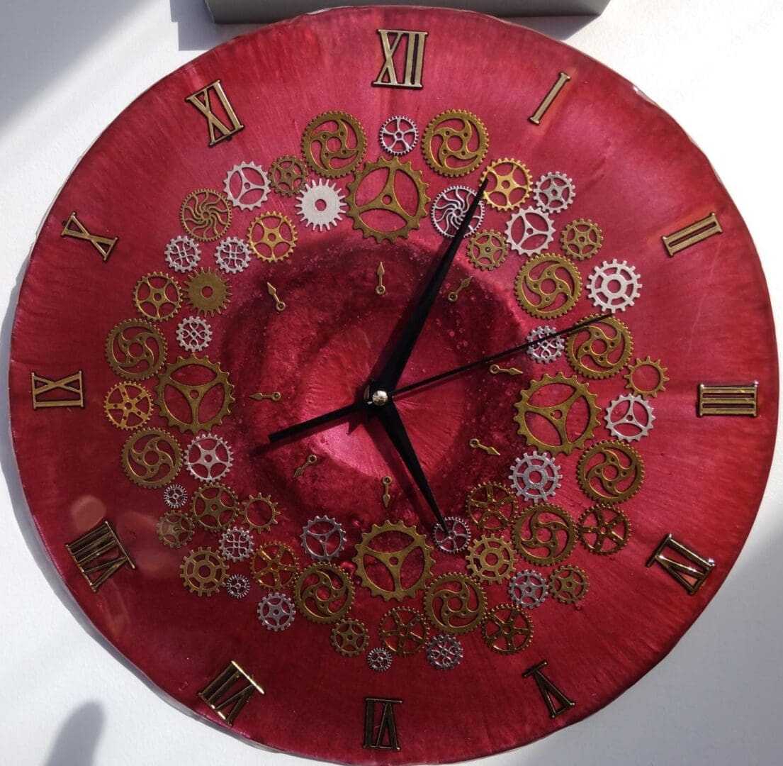 Large Wall clock, steampunk style in deep red.