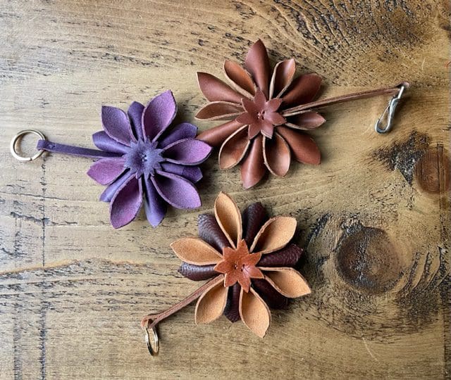 Handmade leather flower bag charm or key fob