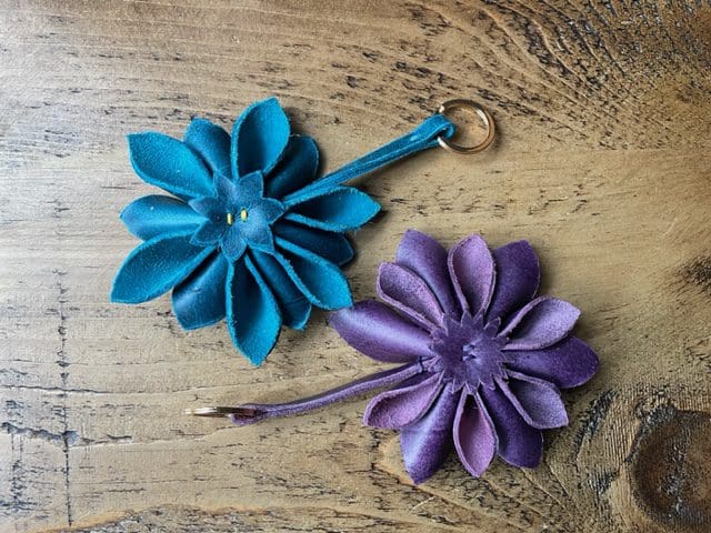Leather flower bag charm or key fob hand crafted