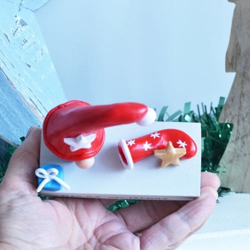 Wood and polymer clay festive decoration with Gonk and stocking
