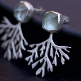 Prasiolite-and-mother-of-pearl-gemstones-and-textured-sterling-silver-seaweed-earrings