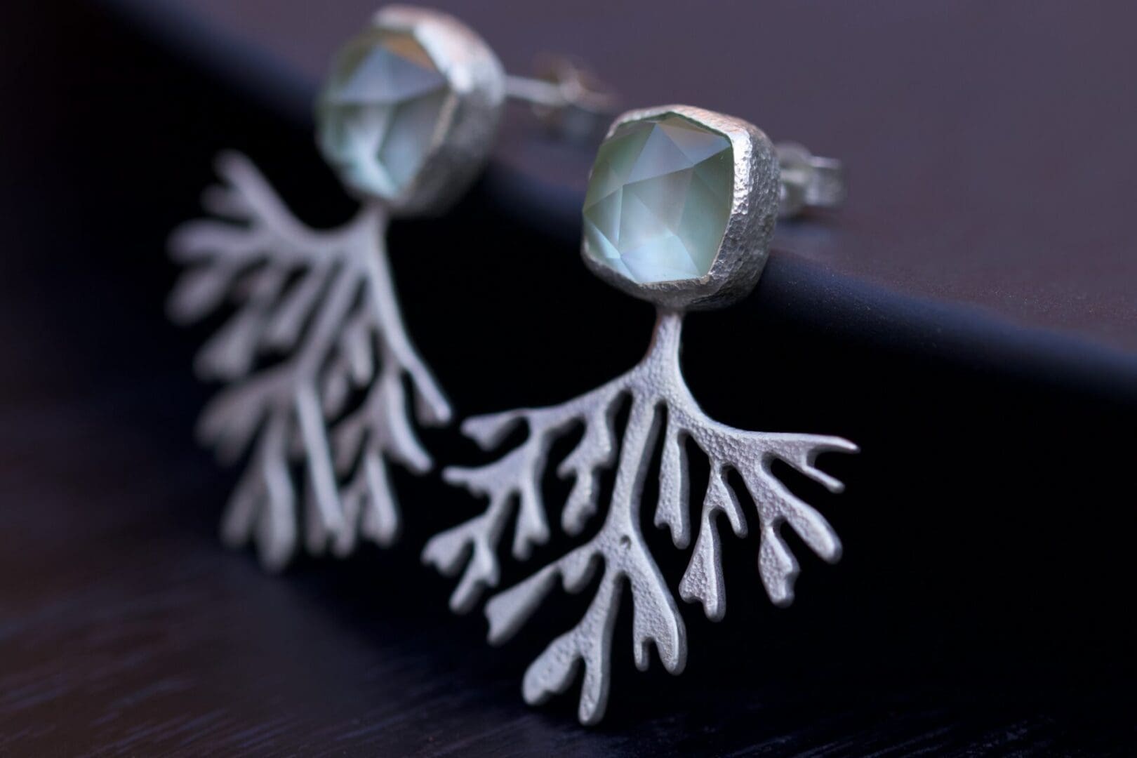 Prasiolite-and-mother-of-pearl-gemstones-and-textured-sterling-silver-seaweed-earrings