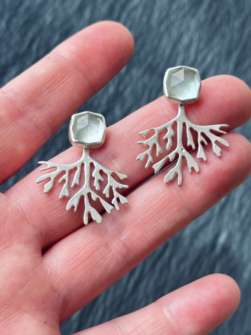 Truffle-of-the-Sea-rose-cut-Prasiolite-and-mother-of-pearl-gemstones-and-textured-sterling-silver-seaweed-earrings