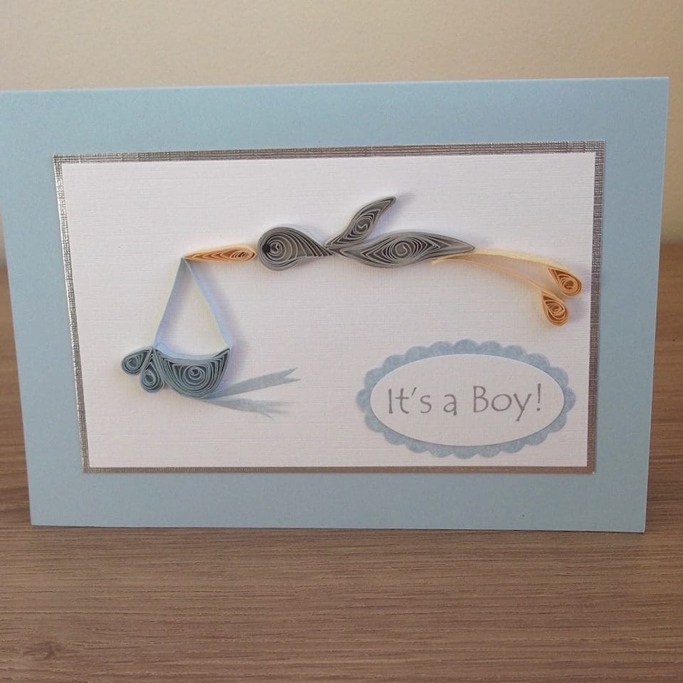 Quilled stork new baby boy congratulations card
