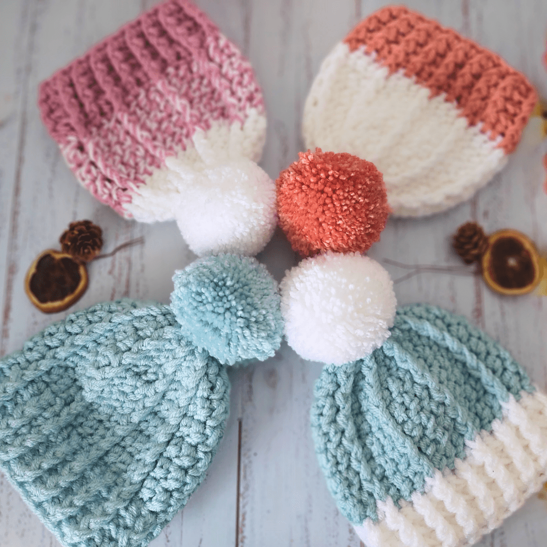 Chunky Crochet Pom Pom Beanie Hat, Bobble Hat In Sizes Newborn up to Adult  in Various Colours
