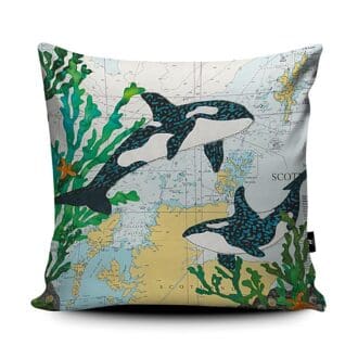 cushion printed with a textile art design of orca on a sea chart or map