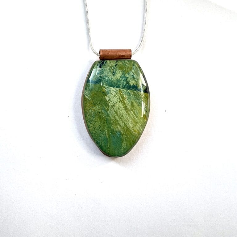 Oval wood and copper green pendant | The British Craft House