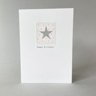 Silver star birthday card on pink background