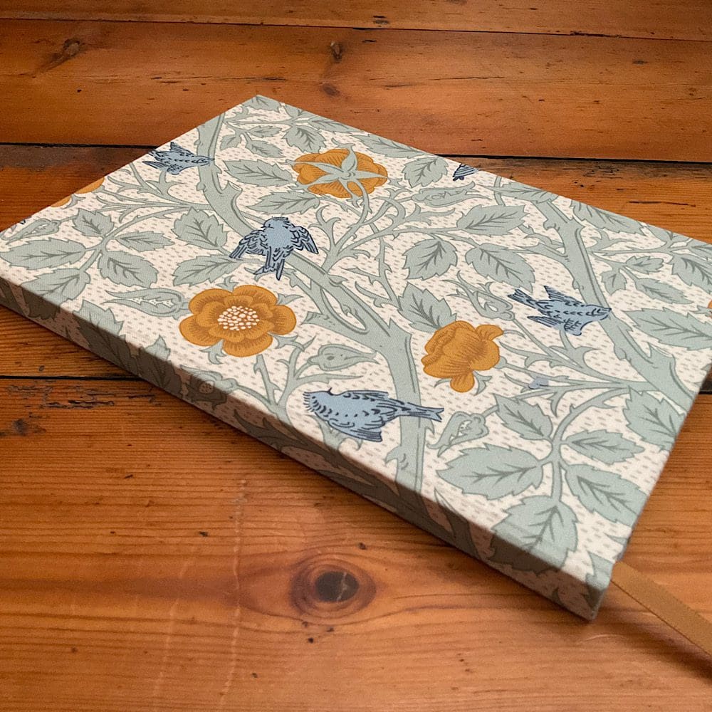 A5 Handmade Notebook with plain paper covered in William Morris fabric