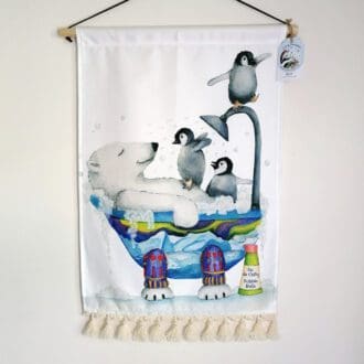 Wall hanging featuring a 'Polar bear meets three excited penguins' in a highly decorative bubble bath. Ideal for a bathroom, bedroom or a child's nursery or playroom