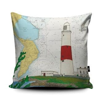 cushion printed with a textile art design of Portland Bill lighthouse in Dorset