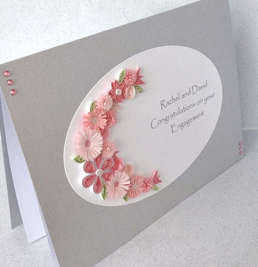 Silver engagement card, pink quilled flowers, handmade, personalised