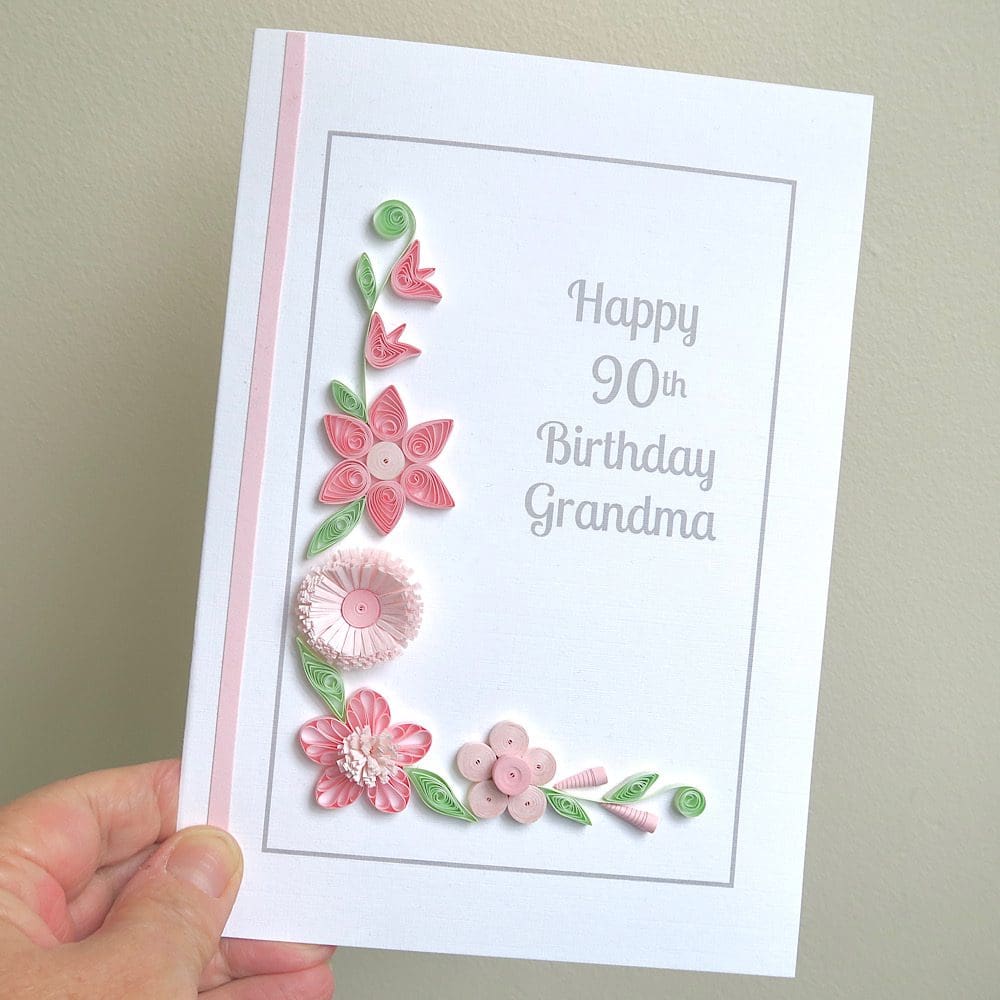 Quilled 90th birthday card in pale pink, personalised