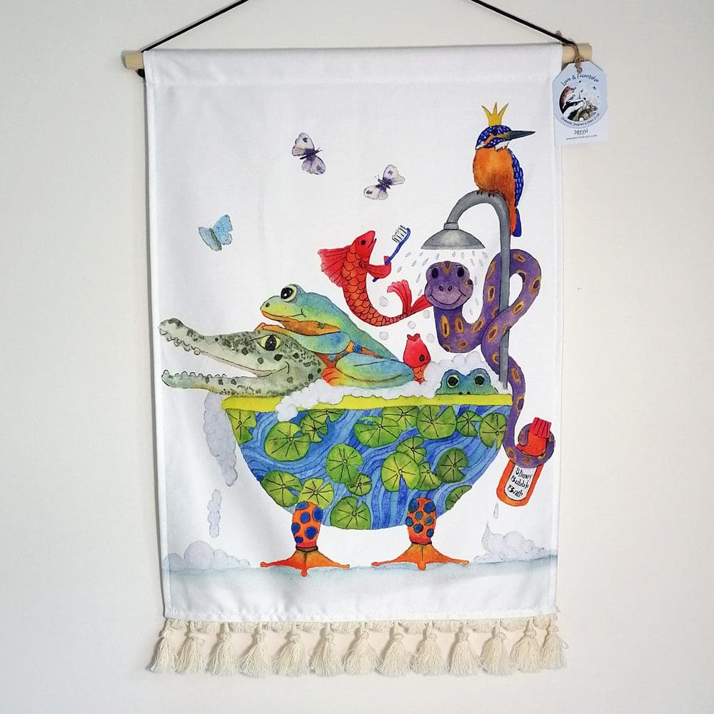 Vibrant wall hanging featuring an eclectic mix of wildlife in a highly decorative bubble bath. Ideal for a child's bathroom, bedroom or playroom