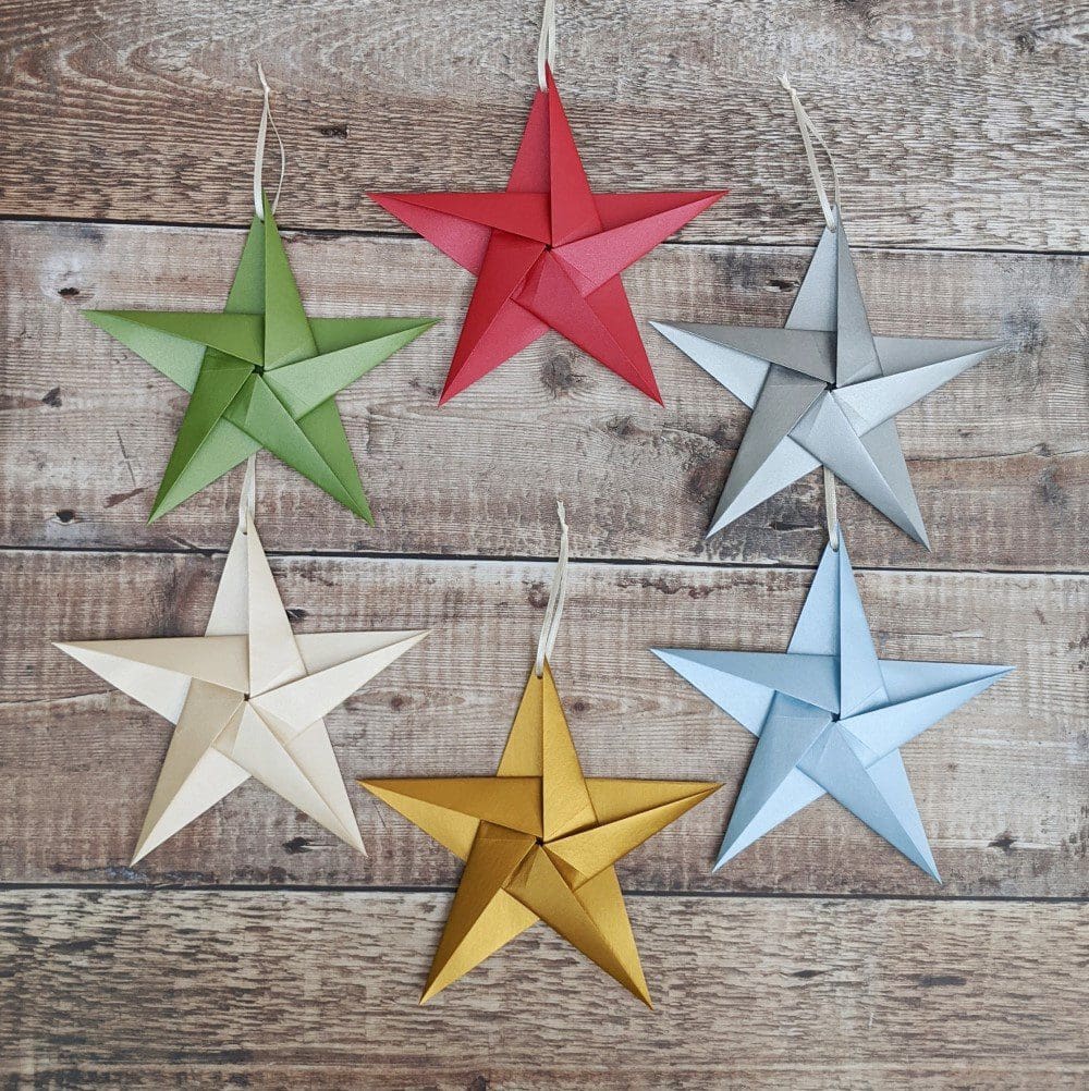 Six colours of big metallic paper star decorations, Christmassy wall decor or tree topper