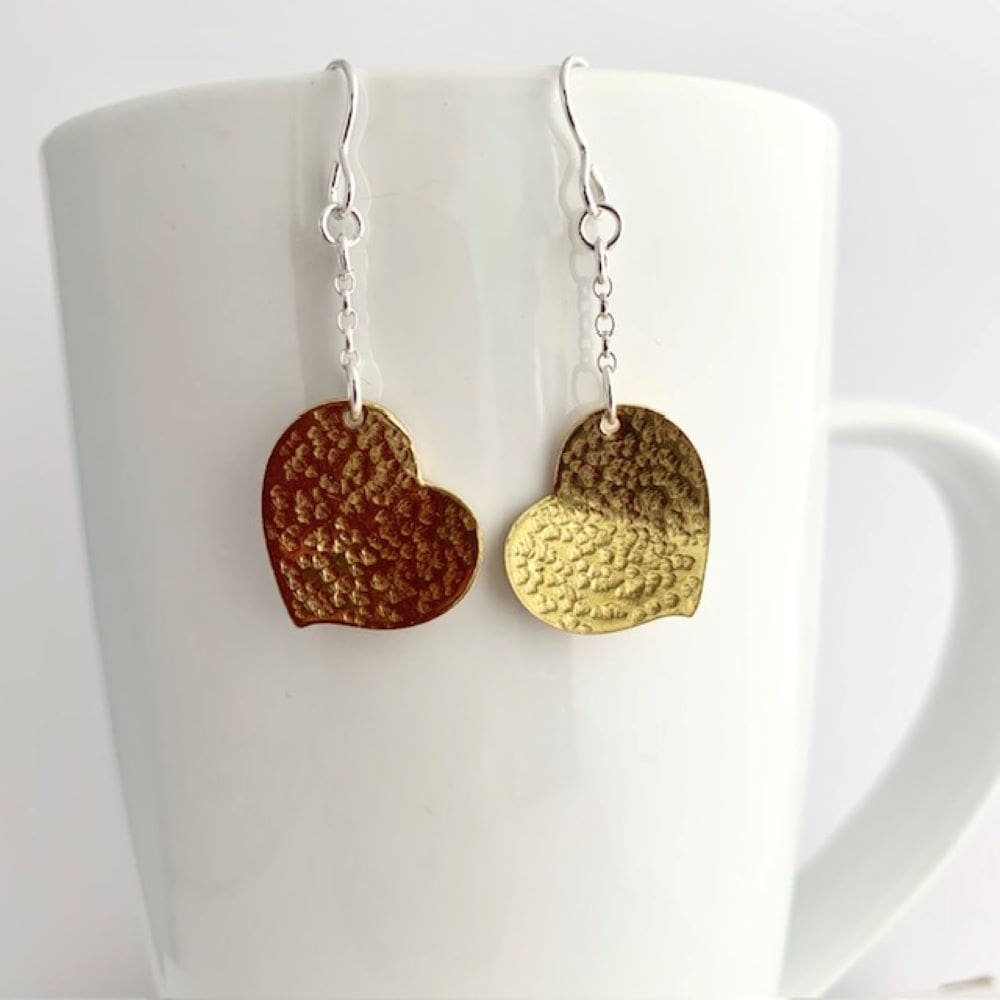Textured Brass and Sterling Silver Dangly Heart Earrings