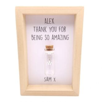Thank you gift, small personalised frame with a miniature glass bottle