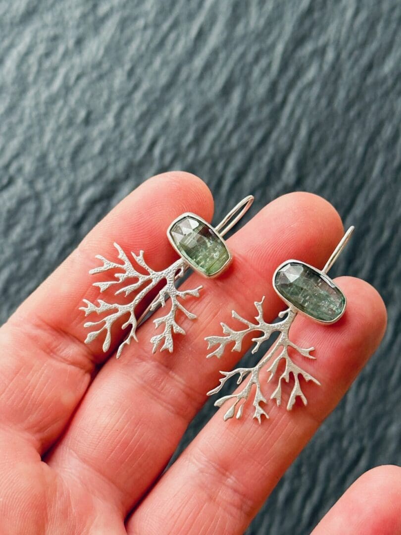 Delicate Truffle of the Sea Sterling Silver & Rose Cut Ocean Green Kyanite Seaweed Drop Earrings Handmade by My Jewellery Garden