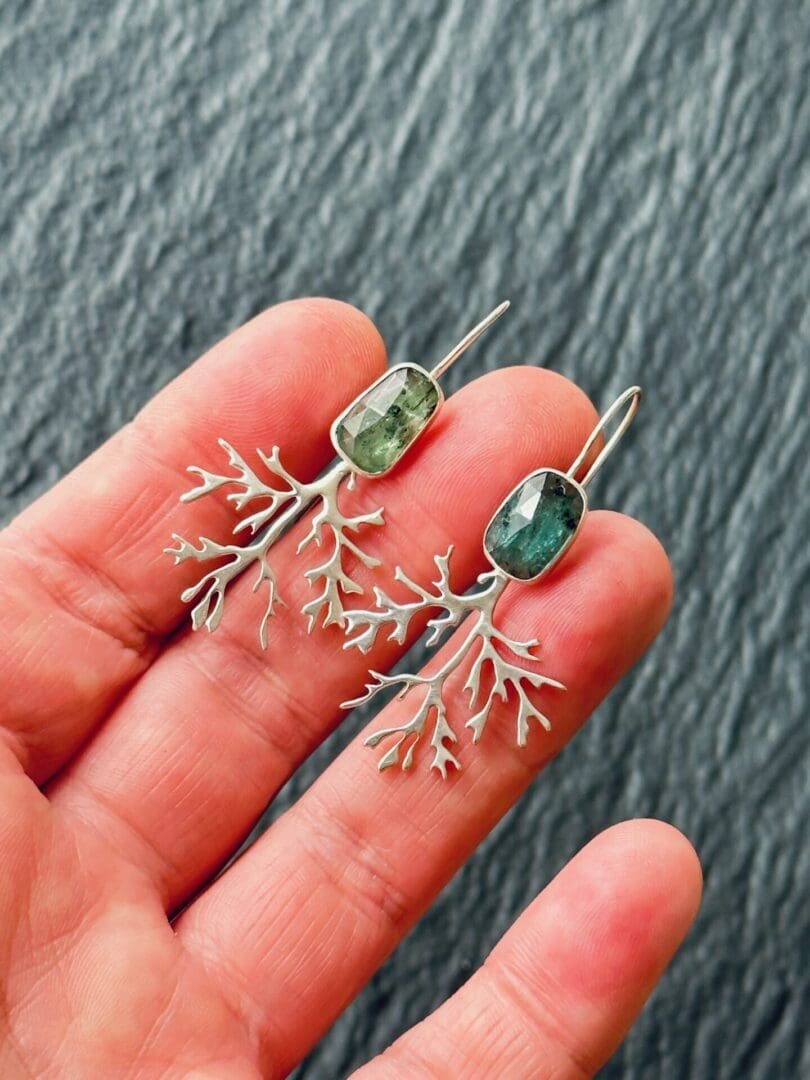 Delicate Truffle of the Sea Sterling Silver & Rose Cut Ocean Green Kyanite Seaweed Drop Earrings Handmade by My Jewellery Garden