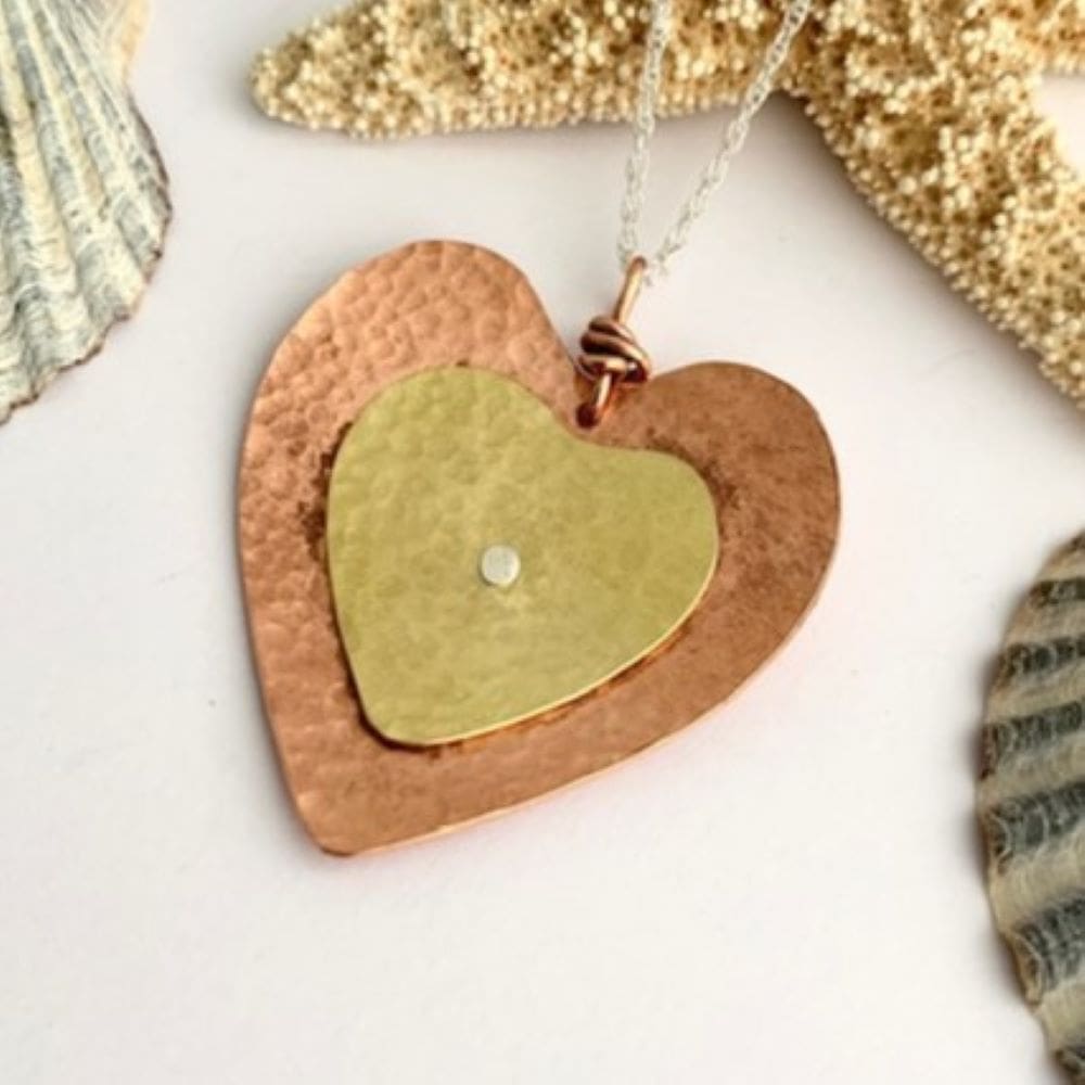 Two Hearts Copper- and Brass Textured Necklace