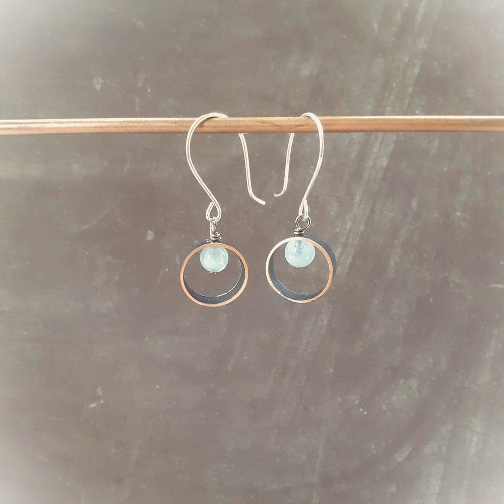 copper tube drop earrings with aquamarine beads and silver ear wires