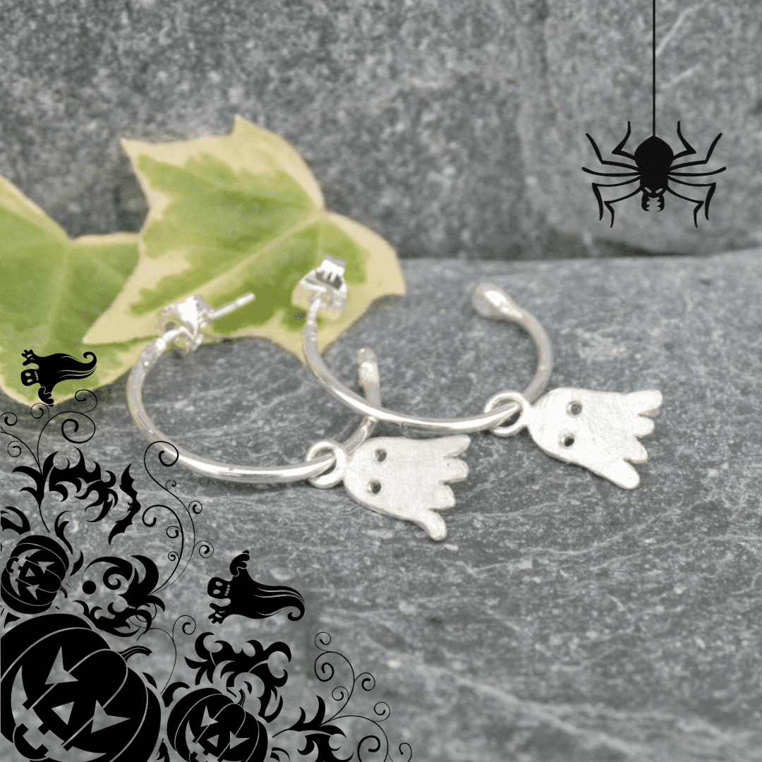 Silver hoop earrings with little ghost charms