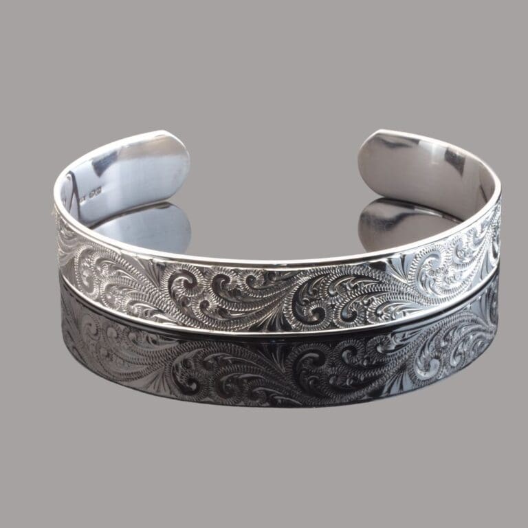 Handmade Sterling Silver Cuff Bracelet Hand Engraved Flower And Leaf ...