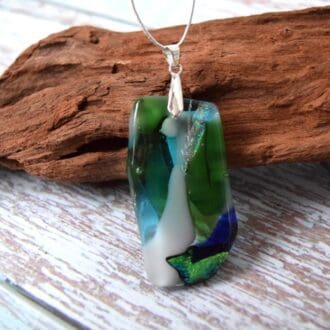 Handmade Green Blue and white Glass pendant with a silver plated chain
