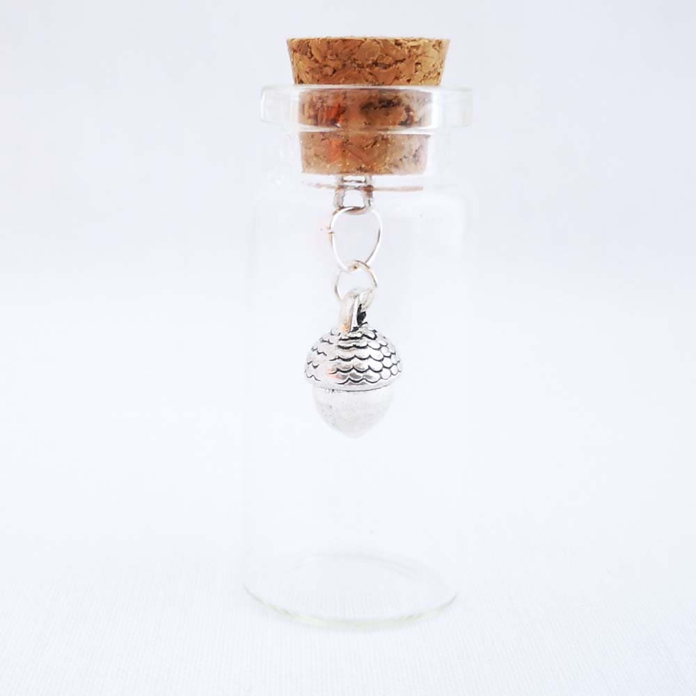 Miniature glass bottle with a silver acorn inside