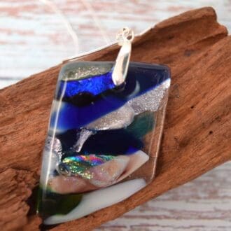 Large Dichroic Glass Statement Pendant on a Silver plated 18 inch Snake Chain