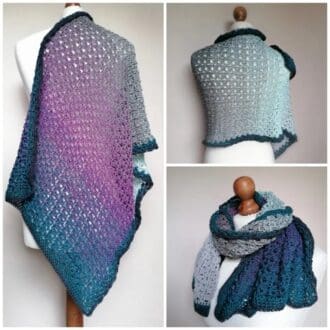 crocheted wrap purples blues