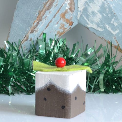 Handmade wooden square Christmas Pudding festive decoration