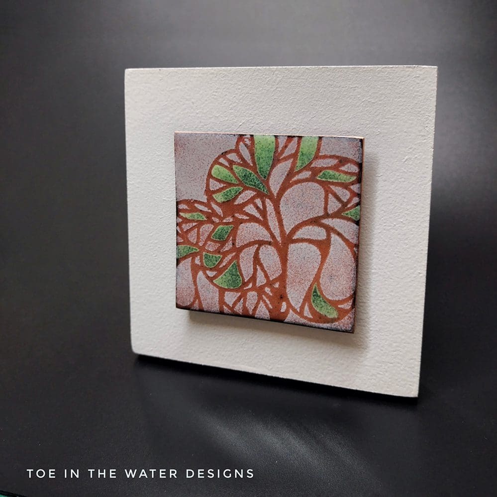 copper enamelled tile - green and white trees in arts & crafts style
