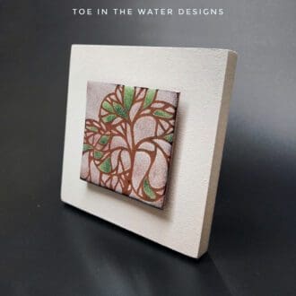 copper enamelled tile in pink and wcopper enamelled tile - green and white trees in arts & crafts stylehite in arts & crafts style