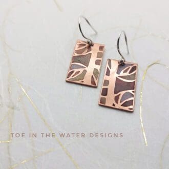 Arts and crafts etched and enamelled copper earrings - autumn satin finish