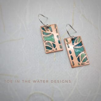 Arts and crafts etched and enamelled copper earrings - teal