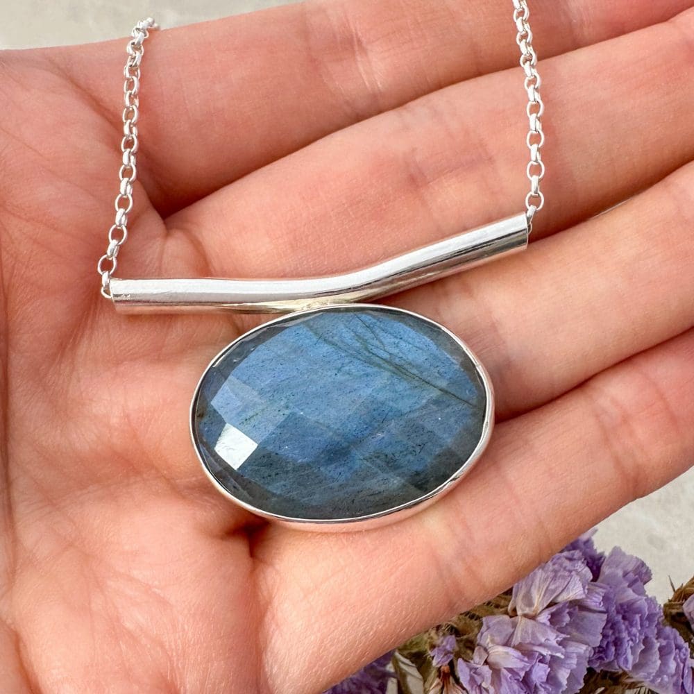 Blue labradorite gemstone necklace handmade in silver