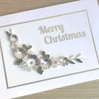 Merry Christmas card with quilled silver and white flowers