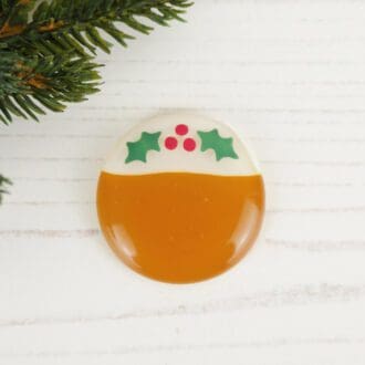 Handmade fused glass Christmas pudding brooch with painted cherries and holly